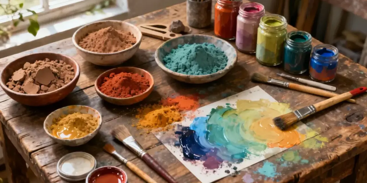 Pots de pigments colorés, pinceaux et palette de peinture sur un établi en bois. L'artiste peintre sur bois prépare ses couleurs.