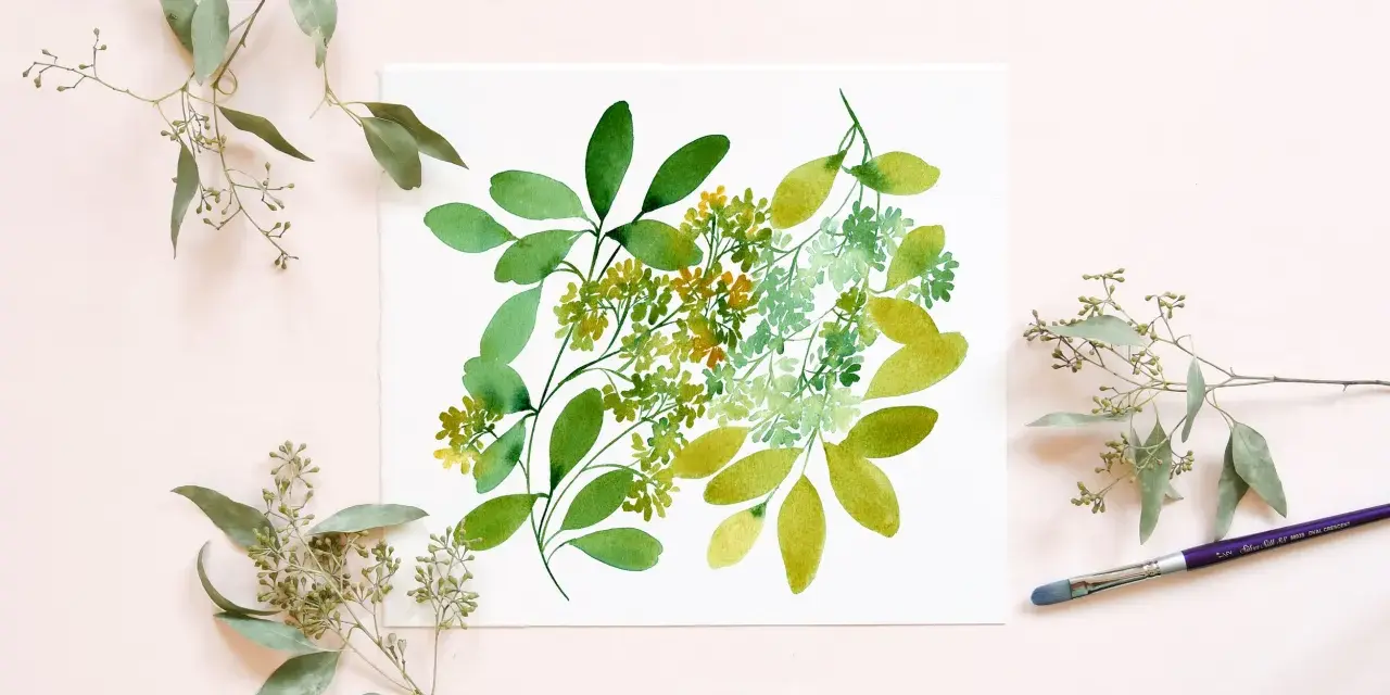 Un dessin à l'aquarelle de feuilles d'eucalyptus vertes et jaunes sur du papier blanc, entouré de vraies branches d'eucalyptus.