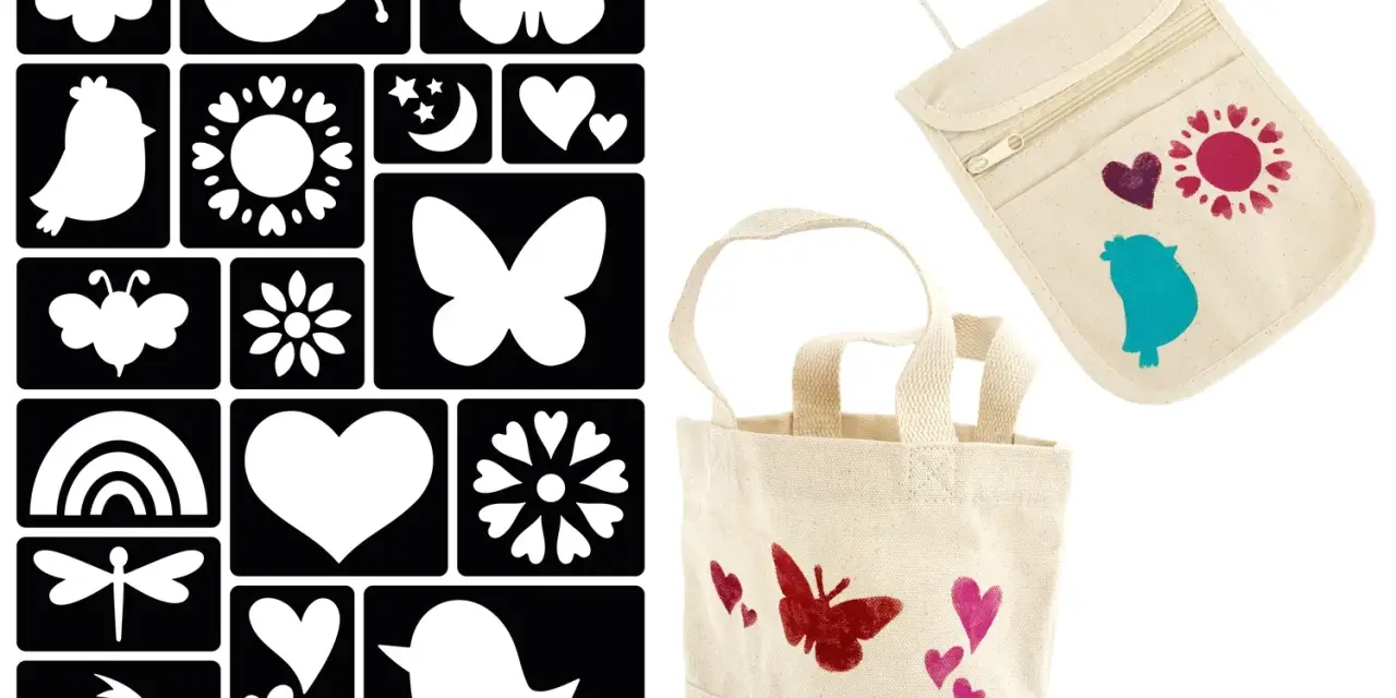 Ensemble de pochoirs pour créer des motifs sur des sacs en toile. Facile à utiliser pour un dessin pochoir facile.