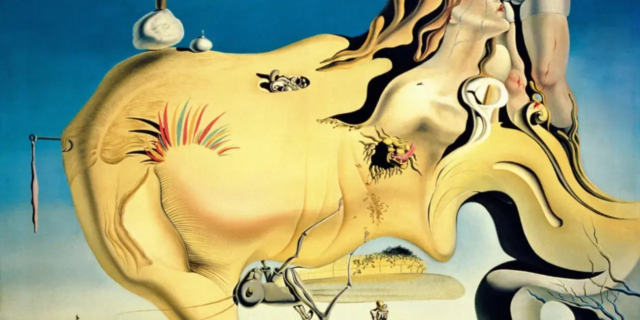 Un paysage surréaliste de Dali, avec des formes molles, une femme pleurant et des éléments étranges. Un dessin facile à imaginer.