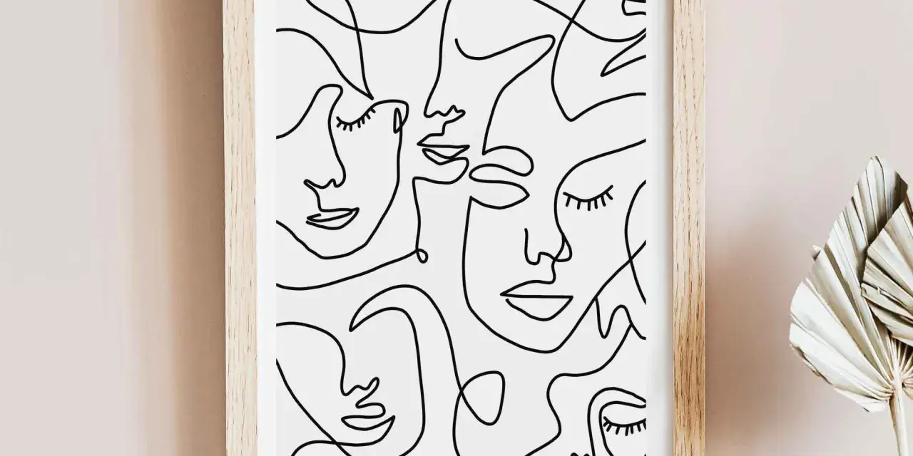Tableau abstrait visage, une composition de visages stylisés en lignes continues noires sur fond blanc, dans un cadre en bois clair.