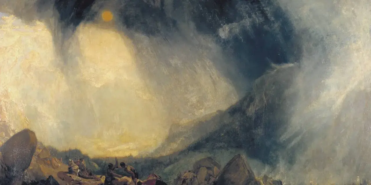 La plus connue œuvre de William Turner : un soleil jaune perce des nuages sombres sur un paysage montagneux où des figures humaines luttent contre les éléments.