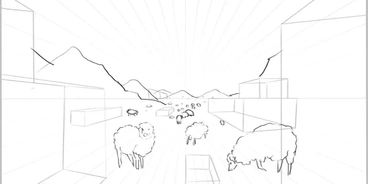 Un dessin en profondeur d'un paysage avec des montagnes, des bâtiments et des moutons.