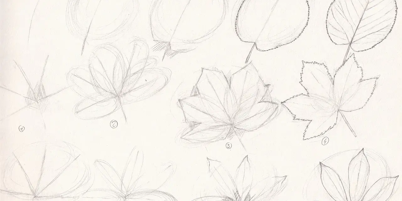 Dessin au crayon d'une plante tombante, montrant différentes étapes de création de feuilles.