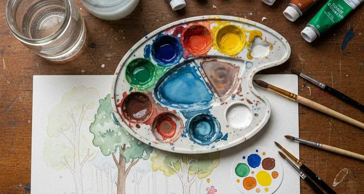 Palette de gouache peinture avec des couleurs vives, des pinceaux et une esquisse de paysage forestier.