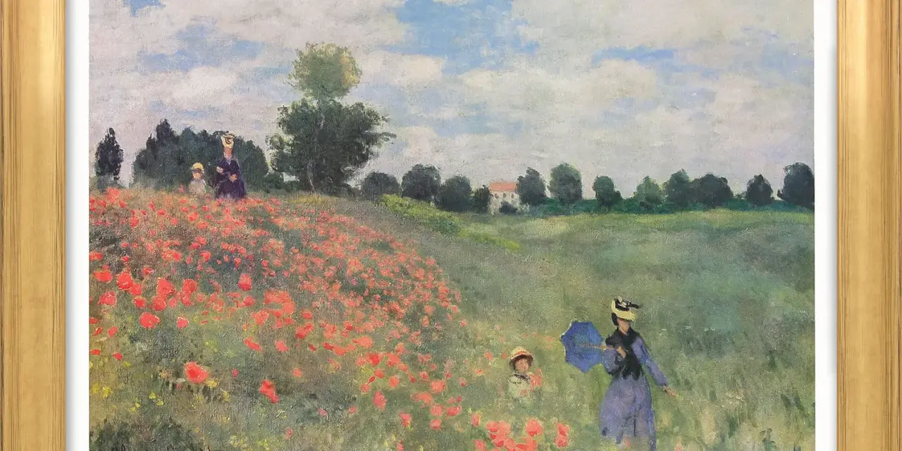 Tableau impressionniste de champs de coquelicots avec deux femmes et un enfant profitant d'une promenade ensoleillée.