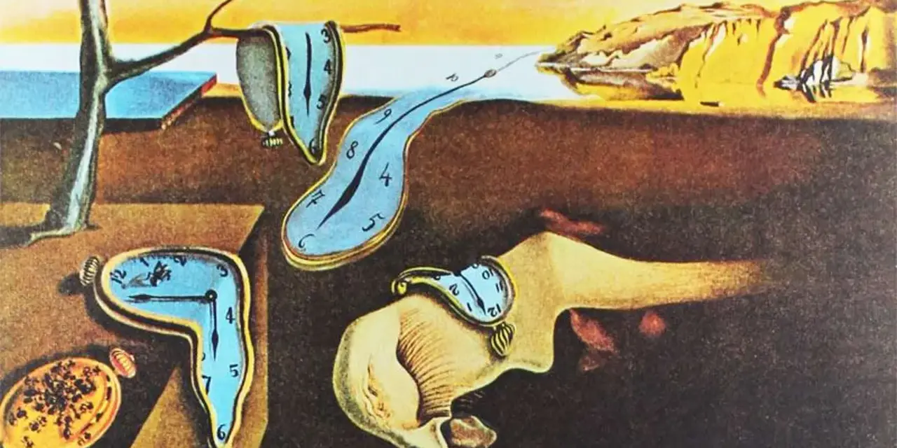 Le tableau de Salvador Dalí, La Persistance de la mémoire, présente des montres molles se fondant dans un paysage désertique surréaliste.