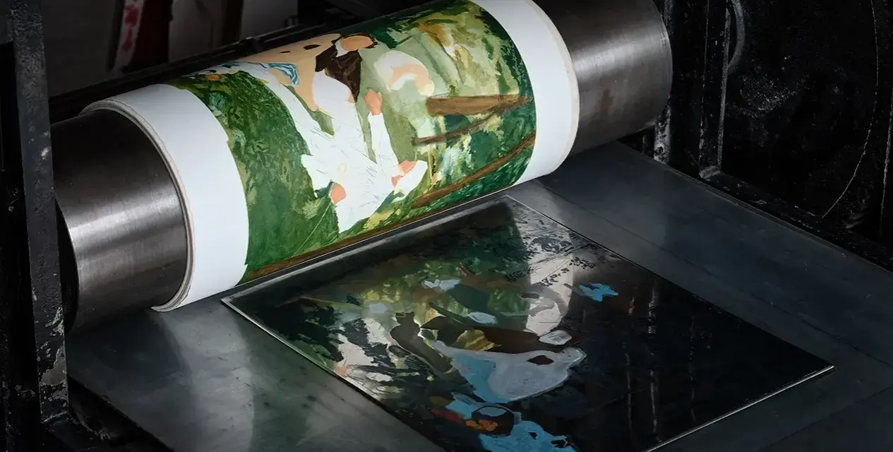 Impression d'une scène champêtre sur une presse, illustrant les différents types de gravure.