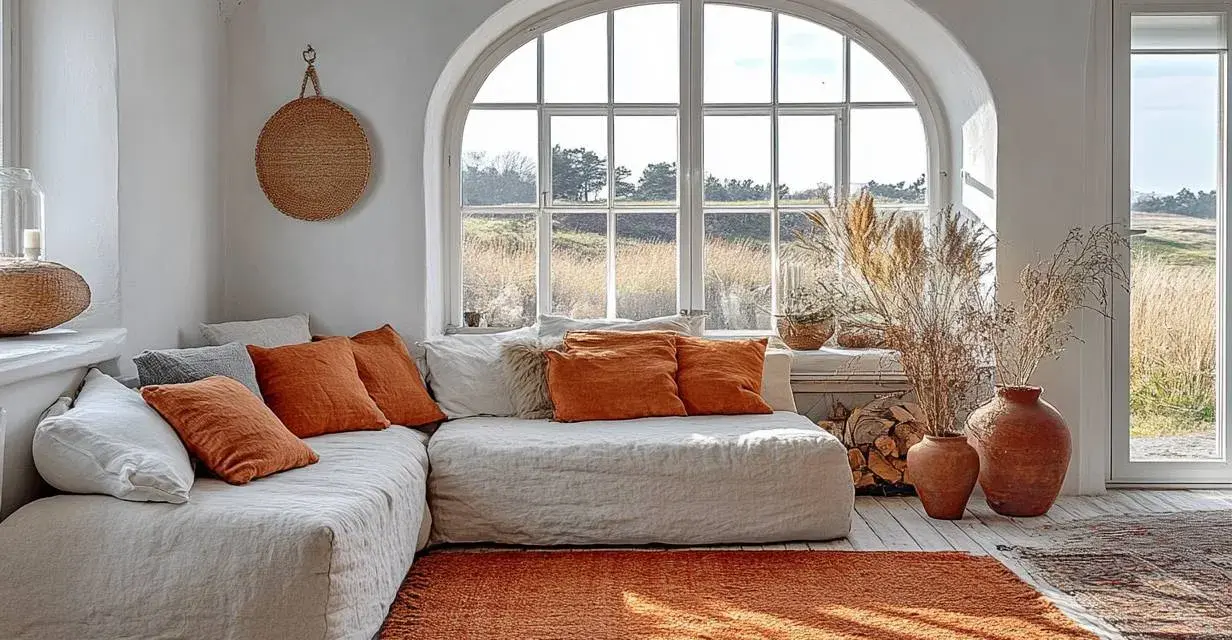 Un salon cosy avec un canapé blanc, des coussins orange et un tapis terracotta. Deux vases en terre cuite complètent ce coin de vie chaleureux.