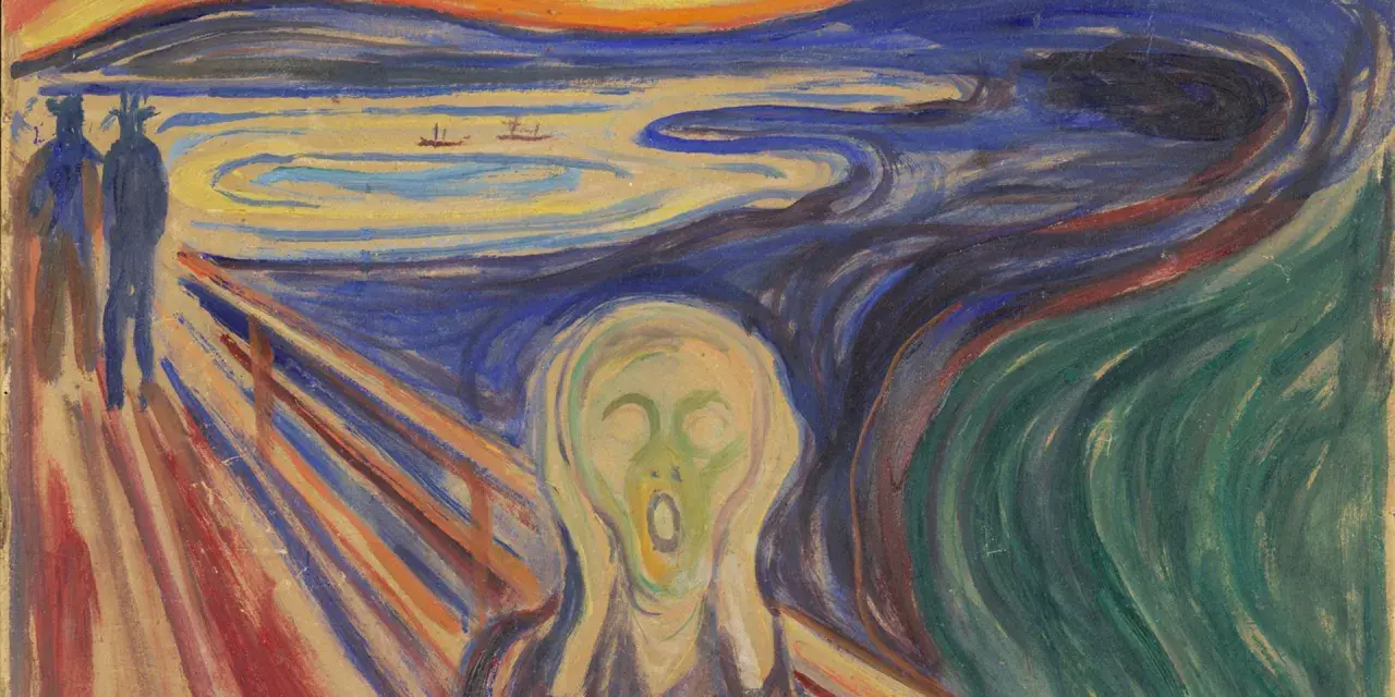 Le cri, célèbre tableau d'Edvard Munch, représente une figure angoissée sur un pont, le ciel embrasé et des silhouettes sombres.