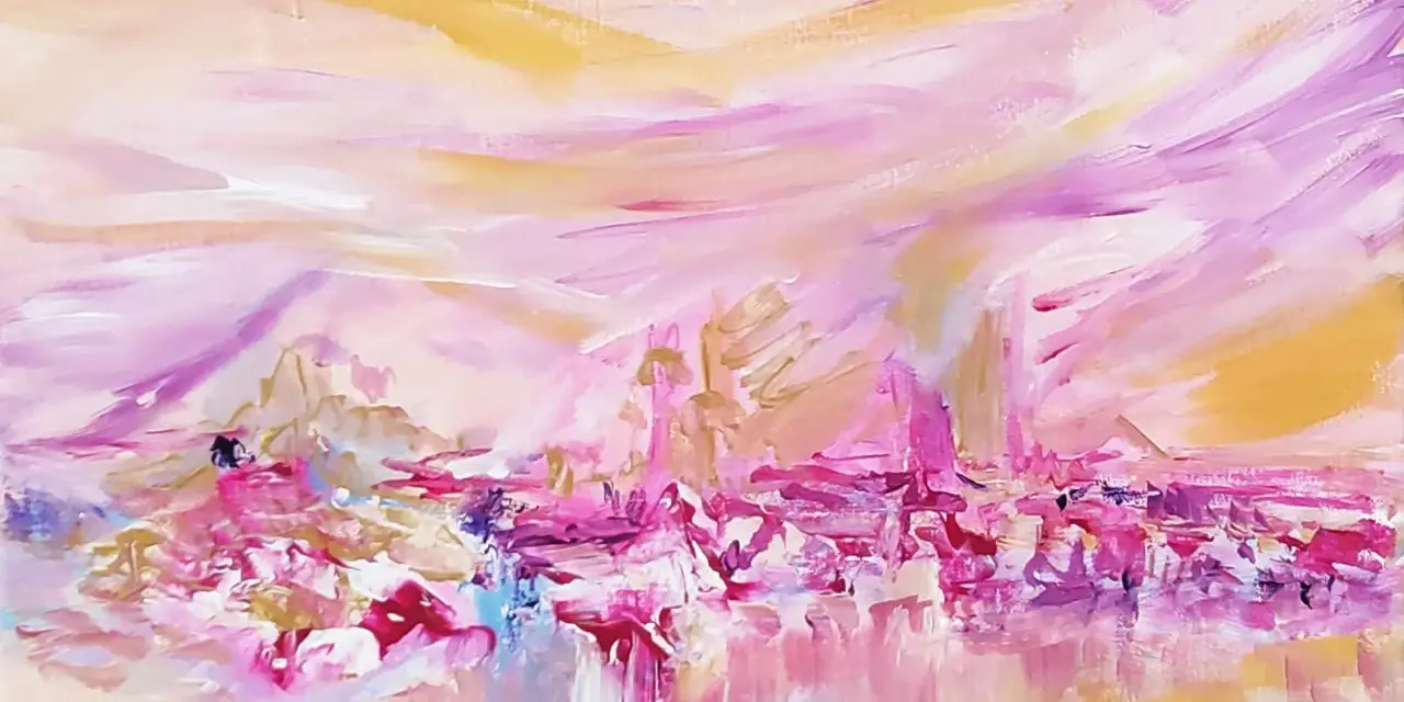 Peinture figurative abstraite aux tons roses et dorés, évoquant un paysage onirique et lumineux.