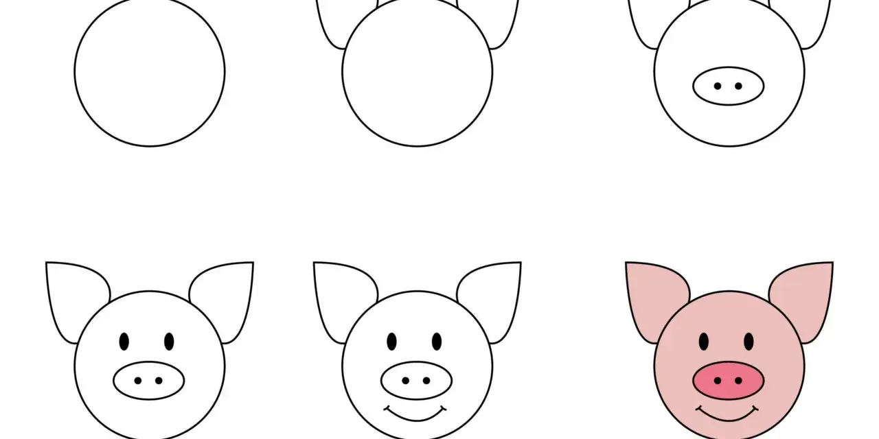 Étapes pour un dessin facile de cochon : un cercle, des oreilles, un groin, des yeux, puis un sourire.