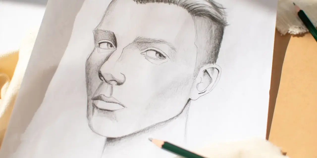Un portrait au crayon, étape d'un tuto dessin réaliste. Le regard intense et la coiffure sont particulièrement réussis.