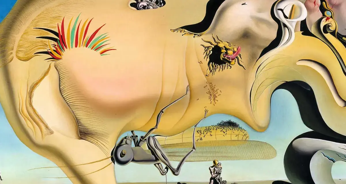 Un paysage onirique aux formes molles, typique des **œuvres surréalistes de Salvador Dalí**, avec des créatures étranges et des objets flottants.