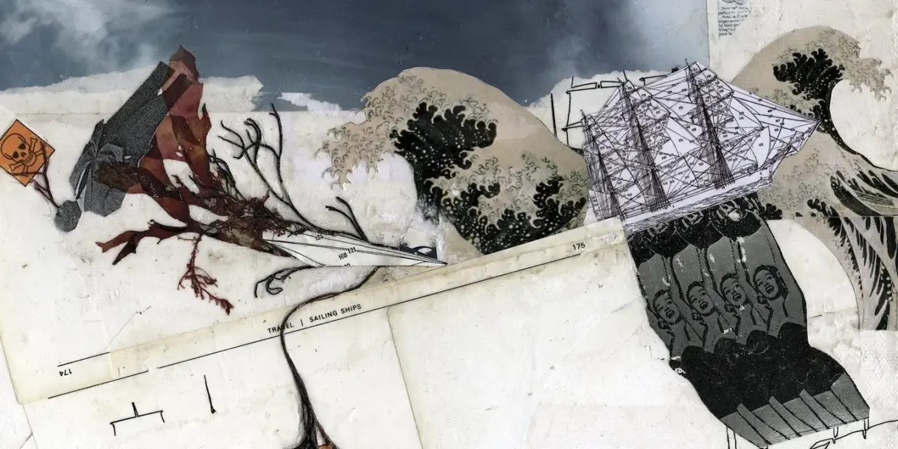 Art collage : un voilier navigue sur une mer déchaînée, menacé par des algues et un signe de danger.