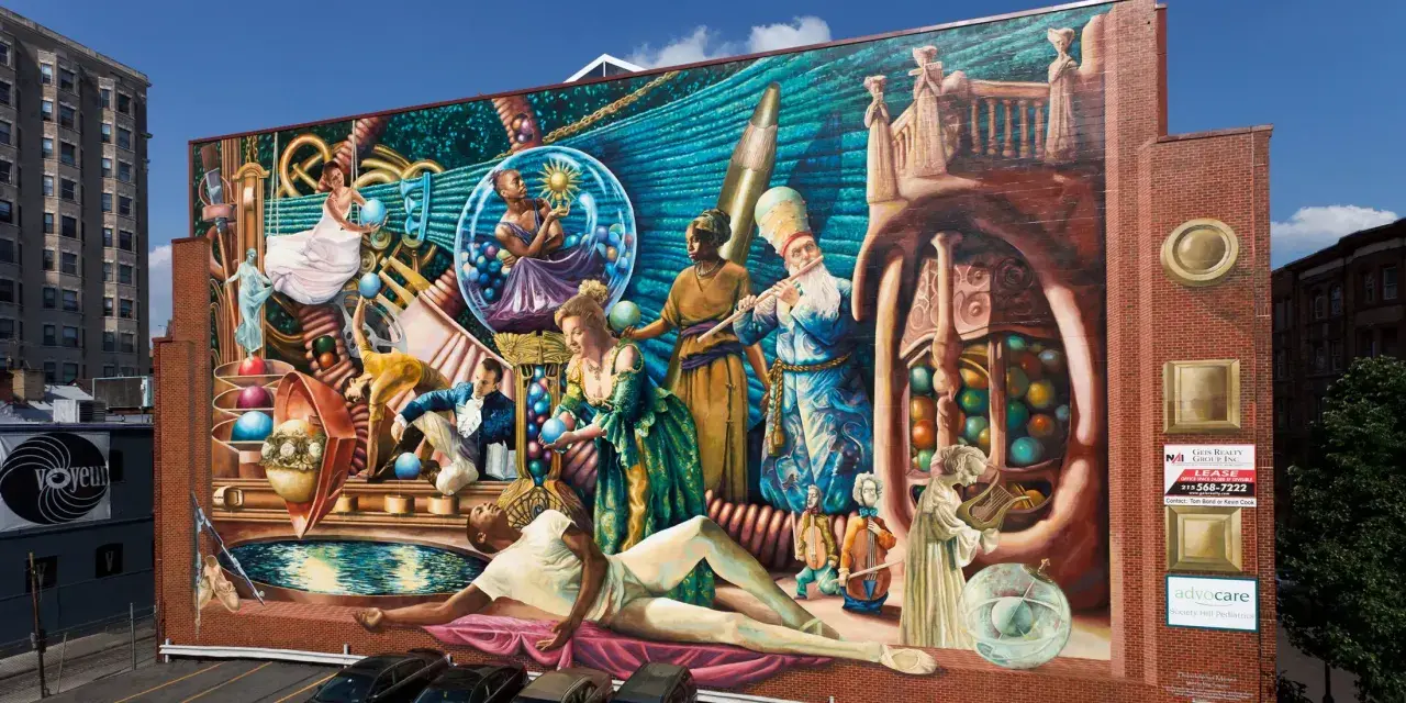 Fresque colorée représentant des personnages historiques et mythologiques, un artiste engagé qui dépeint la richesse culturelle.