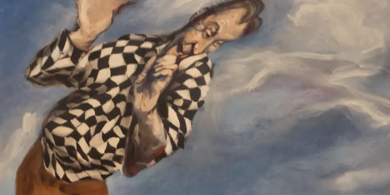 Gérard Garouste peint un homme en chemise à damiers, le visage tordu par l'émotion, les mains tendues vers un ciel tourmenté.