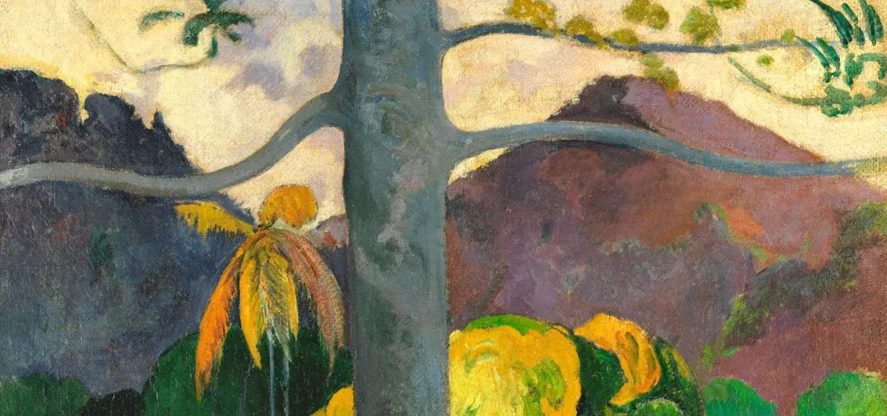 Paysage tropical aux couleurs vives, évoquant l'art de Paul Gauguin. Un tronc d'arbre domine, des feuillages jaunes et verts contrastent avec des collines pourpres.
