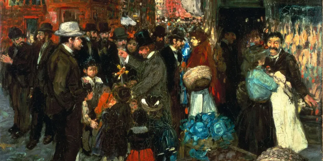 Scène de rue animée, peut-être une procession, peinte par un peintre américain du 20ème siècle. Des foules, des bâtiments et des détails colorés.