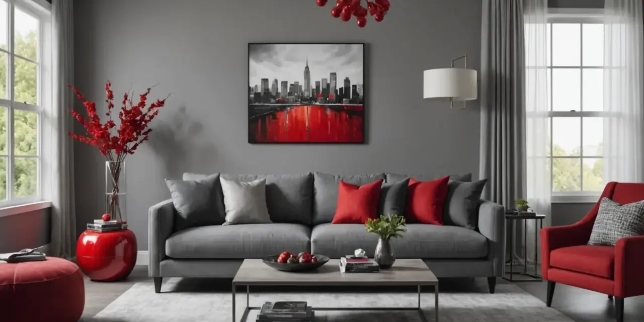 Un salon moderne aux murs gris, avec un tableau rouge noir gris de New York, un canapé gris, des coussins rouges et un fauteuil rouge.