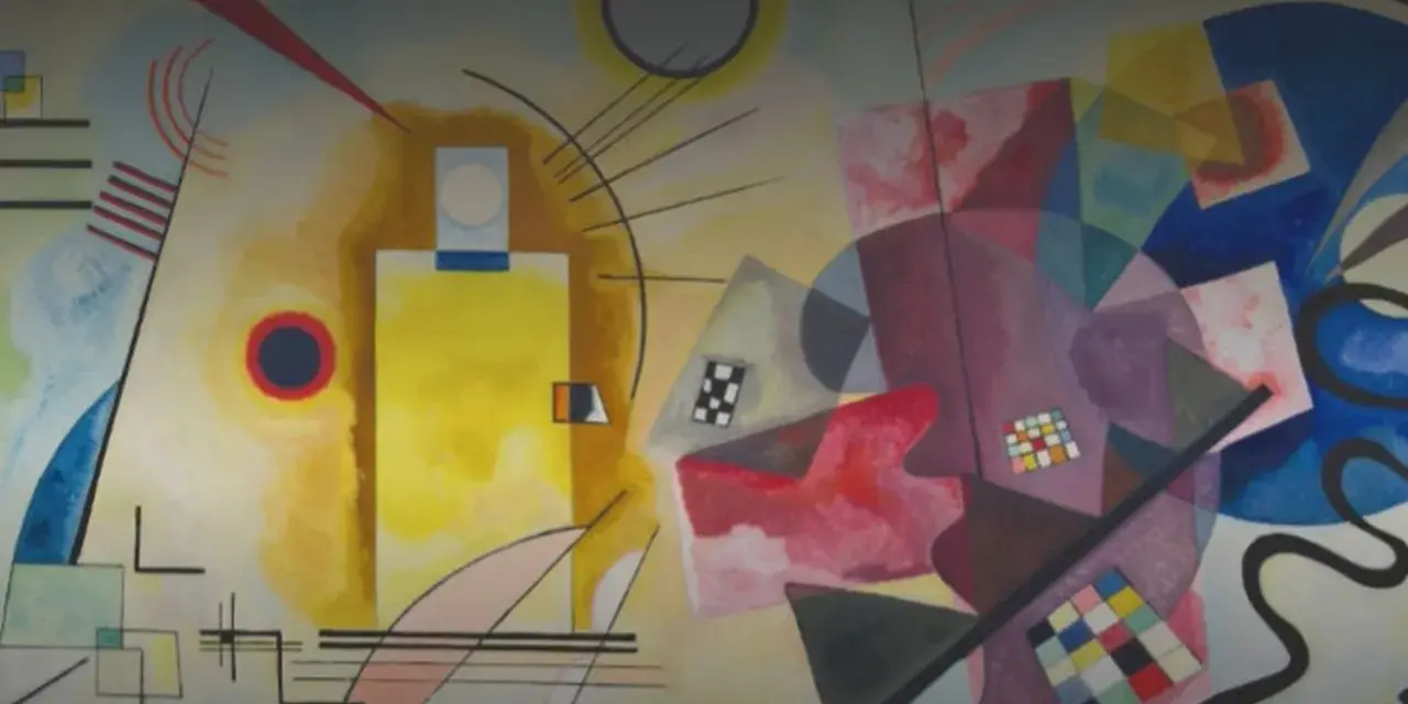 Un tableau carré rouge, jaune, bleu, avec des formes abstraites et des lignes noires.