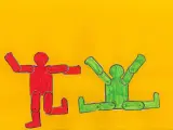 Deux bonhommes articulés, un rouge et un vert, dansent sur fond jaune, évoquant l'énergie joyeuse de Keith Haring.