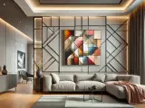 Un salon moderne avec un tableau panoramique abstrait aux formes géométriques colorées, un canapé gris et des lumières d'ambiance.