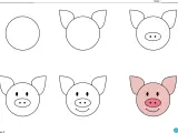 Étapes pour un dessin facile de cochon : un cercle, des oreilles, un groin, des yeux, puis un sourire.