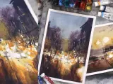 Peinture d'une ville connue la nuit, avec des lumières vives et des silhouettes sombres. L'artiste capture l'atmosphère d'une rue animée.