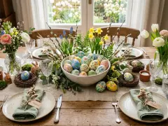 Décoration œuf de Pâques peinture : table dressée avec des œufs peints à la main, fleurs printanières et lapins en céramique.