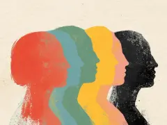 Un tableau contemporain abstrait de silhouettes de visages colorés, alignées et se superposant, évoquant la diversité et l'unité.