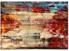 Tableau abstrait évoquant la création du monde, avec des touches de rouge, d'orange et de blanc, rappelant un paysage onirique.
