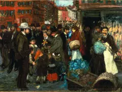 Scène de rue animée, peut-être une procession, peinte par un peintre américain du 20ème siècle. Des foules, des bâtiments et des détails colorés.