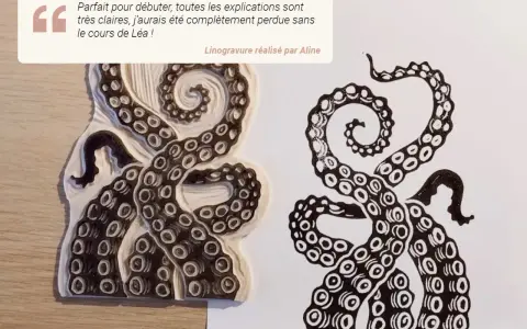 Tentation de linogravure facile : un tampon de tentacules de pieuvre et son impression.