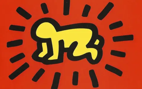 Un bébé rayonnant, une icône des œuvres d'art de Keith Haring, sur fond rouge vif.