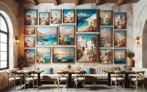 Un mur orné de peintures représentant des villages grecs pittoresques, des bateaux et des paysages marins. Ce tableau américain transporte dans une ambiance méditerranéenne.