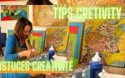 Une artiste partage ses astuces créativité dans son atelier, entourée de ses œuvres colorées.