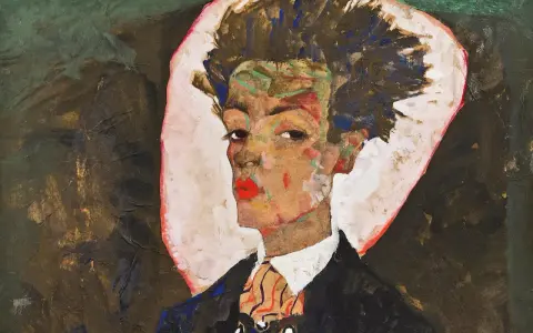 Portrait expressif d'un homme aux cheveux ébouriffés, par le peintre Schiele. Son visage est marqué par des couleurs vives et une touche de rouge à lèvres.