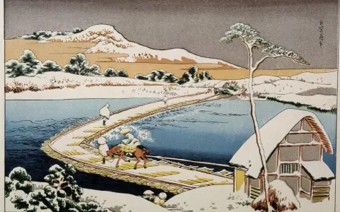 Paysage hivernal d'un peintre japonais connu. Un pont en bois traverse une rivière gelée, avec des personnages et un cerf. Une maison enneigée à droite.