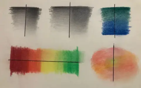 Dessin estompe montrant des dégradés de gris, bleu-vert, arc-en-ciel et rose-orange.