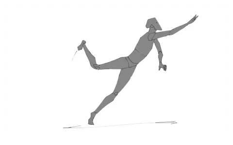 Esquisse d'une silhouette grise en mouvement, bras tendus, jambe levée, parfait pour un dessin à faire sur une toile.