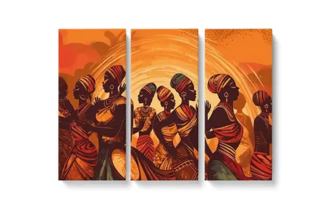Ce tableau ethnique représente des femmes africaines stylisées dans des tenues colorées, dansant sous un soleil rayonnant.