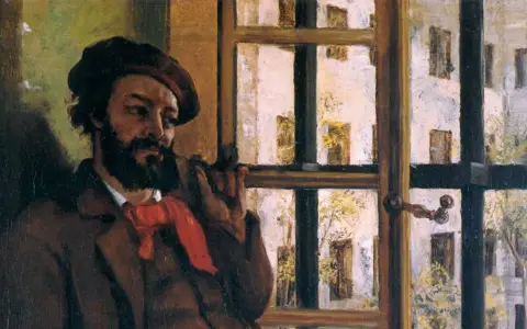 Un homme à la barbe noire, portant un béret et une écharpe rouge, fume une pipe près d'une fenêtre. Une peinture réaliste moderne.