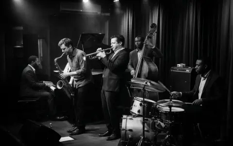 Un tableau musique noir et blanc d'un groupe de jazz jouant dans un club sombre. Un pianiste, un saxophoniste, un trompettiste, un contrebassiste et un batteur sont présents.