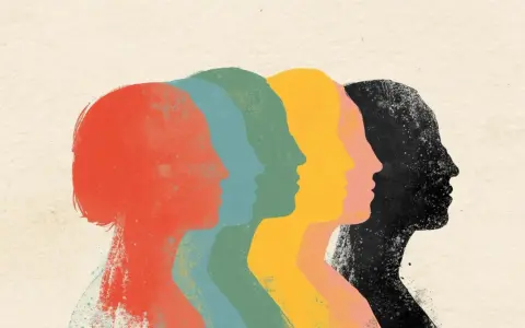 Un tableau contemporain abstrait de silhouettes de visages colorés, alignées et se superposant, évoquant la diversité et l'unité.