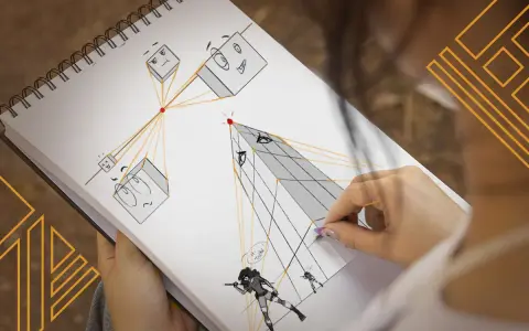 Une main dessine une **peinture perspective** dans un carnet, montrant des cubes avec des visages et des personnages dans un exercice de style.