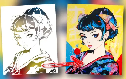 Une peinture japonaise vibrante d'une jeune femme aux yeux bleus intenses et aux cheveux noirs ornés d'un ruban coloré.