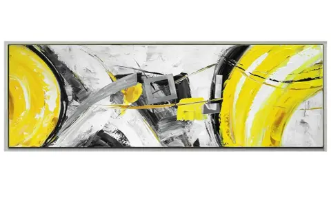 Tableau abstrait jaune moutarde et gris, avec des formes dynamiques et des coups de pinceau audacieux.