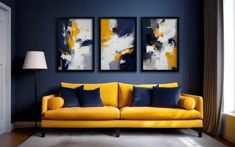 Un salon moderne avec un canapé jaune vif, des coussins bleus et trois tableaux abstraits aux teintes bleu et jaune.