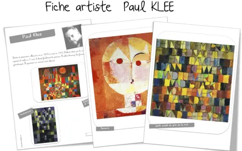 Fiche artiste Paul KLEE présentant des œuvres abstraites et géométriques, dont "Senecio" et "Jadis surgit du gris de la nuit".